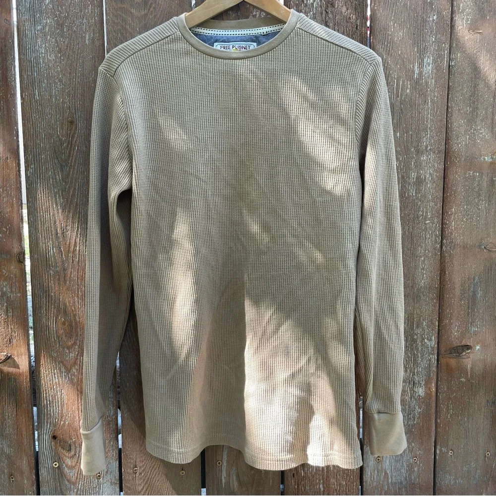 FREE PLANET Men’s Tan Waffle Thermal Long Sleeve Shirt Size Small